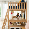 Space-saving wooden kids loft bed with built-in desk and ladder, girl studying at organized study area with globe and storage baskets