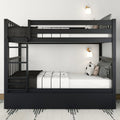 Modern black wooden bunk bed with ladder, white and patterned bedding, decorative pillows and wall sconces in a minimalist space-saving bedroom