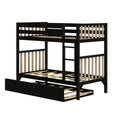 Black wooden bunk bed with natural wood slats, integrated ladder and guardrails, plus pull-out trundle for space-saving kids' rooms