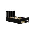 Black wooden twin platform bed frame with vertical slatted headboard, wooden slats and pull-out trundle storage drawer