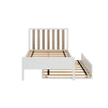White wooden platform bed frame with vertical natural wood slatted headboard and pull-out trundle with wooden slats, modern farmhouse bedroom furniture on white background