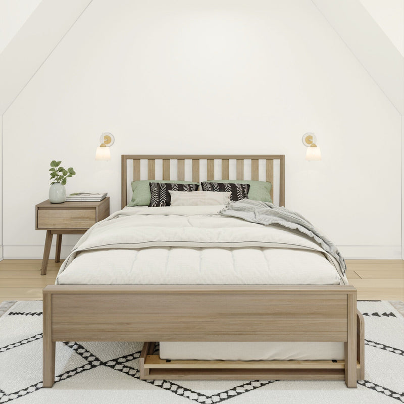 Minimalist Scandinavian bedroom interior with light wood bed frame, neutral linen bedding, green accent pillows, wooden nightstand with vase and wall sconces