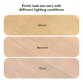 Wood flooring finish comparison showing light maple wood grain with Warm, Neutral, and Cool samples to illustrate how different lighting conditions affect color and tone