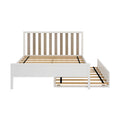 White wooden platform bed frame with natural wood slatted headboard and exposed wooden slats, modern farmhouse bedroom furniture