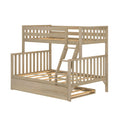 Light natural wood twin-over-full bunk bed with integrated ladder, slatted guardrails, platform slats and under-bed trundle storage