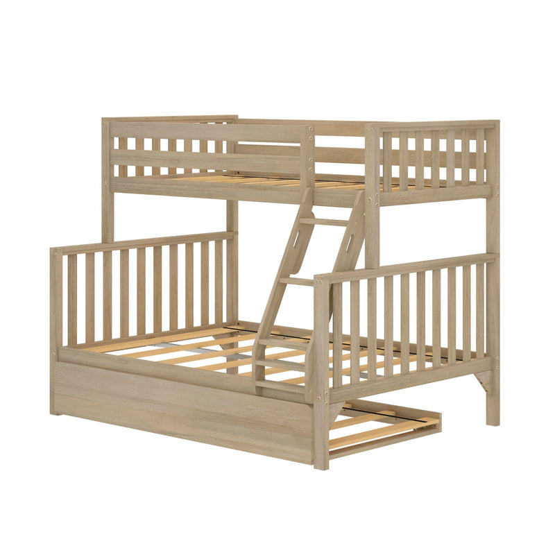 Light natural wood twin-over-full bunk bed with integrated ladder, slatted guardrails, platform slats and under-bed trundle storage