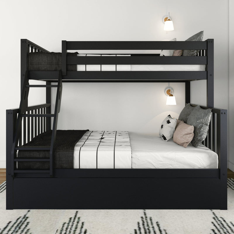 Modern black wooden twin-over-full bunk bed with ladder and under-drawer storage, white grid bedding and decorative pillows in a minimalist kids' bedroom with wall sconces