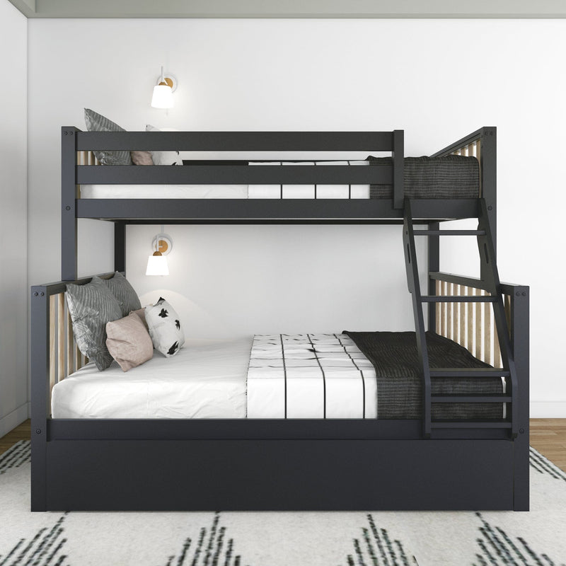 Modern black wooden bunk bed with ladder, white bedding and decorative pillows in a minimalist bedroom with wall sconces — space-saving loft-style bed
