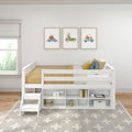 White loft bed with built-in storage cubbies, mustard bedding and framed animal car prints on wall in modern kids' bedroom