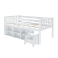 White wooden loft bed with guardrails, built-in cubby storage and stair steps — space-saving twin bed for kids' bedrooms