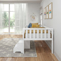 Modern kids bedroom with white wooden toddler bed, mustard yellow bedding and blue accent pillow, star-pattern rug, animal car wall art and sheer window curtains