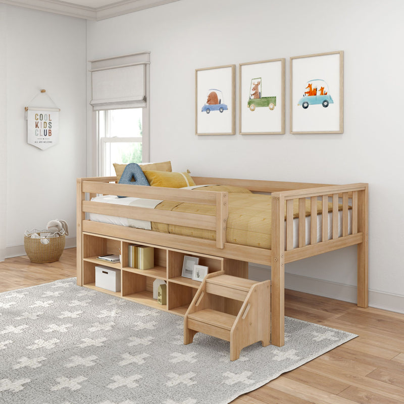 Modern kids bedroom with natural wood loft bed, built-in storage cubbies, yellow bedding, star rug and animal car wall art