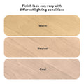 Rounded light maple wood swatches labeled Warm, Neutral and Cool demonstrating how different lighting conditions change the appearance of a light wood finish