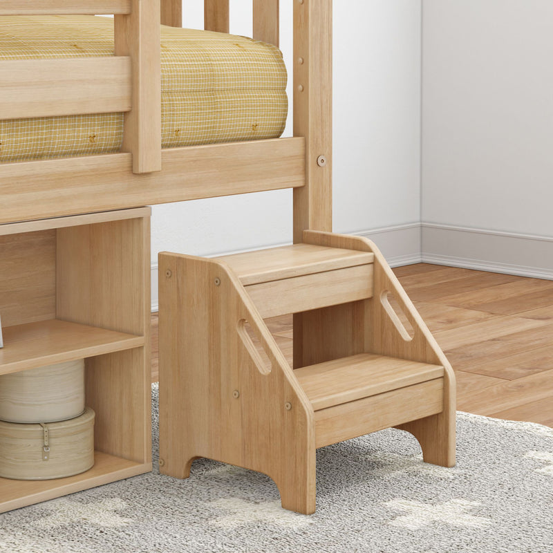 Natural light wood children's loft bed with built-in storage stairs and yellow check mattress in modern nursery