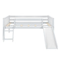 White wooden loft bed with slide and ladder, safety rails and slatted mattress supports — modern kids bunk bed for children's bedroom