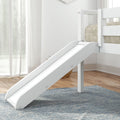 White wooden kids bunk bed with built-in slide, beige plaid bedding, blue rug and sheer curtains in a bright modern children's bedroom