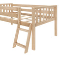 Light natural wood twin loft bed with ladder, slatted guard rails and wooden slat support — modern minimalist kids' bed frame