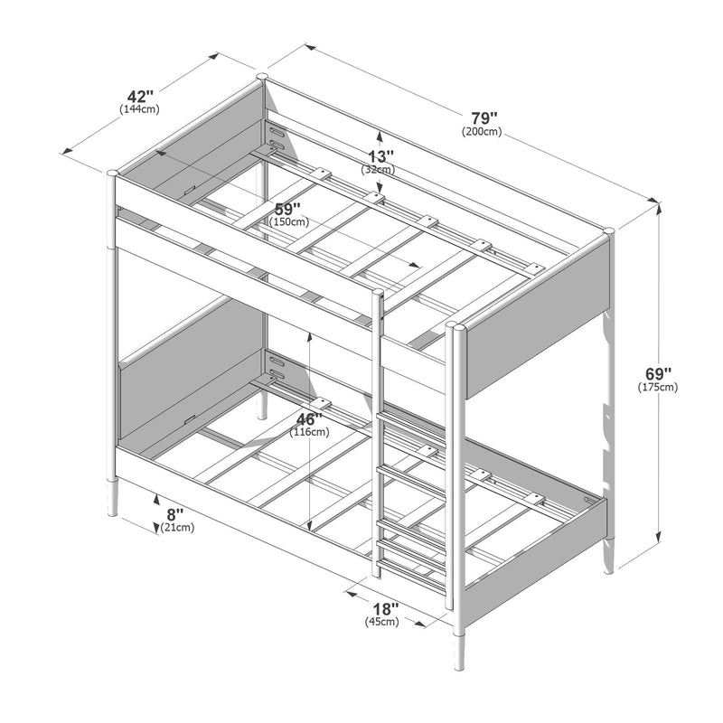 Assembly diagram of a twin-over-twin bunk bed frame showing ladder, guardrails, support slats and labeled measurements in inches and centimeters — 79 in (200 cm) length, 42 in (144 cm) width, 69 in (175 cm) height — bunk bed dimensions and parts for assembly