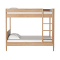 Modern light wood bunk bed with ladder, white bedding and minimalist space-saving design for kids' room