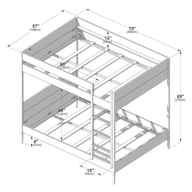Twin-over-twin bunk bed assembly diagram with dimensions 79" x 57" x 69" (200 x 106 x 175 cm), ladder, guardrails, slats and support beams