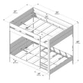 Assembly diagram of a wooden twin-over-twin bunk bed frame with ladder and slats, detailed dimensions in inches and cm (79" / 200cm, 69" / 175cm, 57" / 106cm, 59" / 150cm, 46" / 116cm, 18" / 45cm, 13" / 32cm, 8" / 21cm)