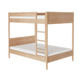 Minimalist natural oak wooden bunk bed with integrated ladder and slatted guardrails, modern solid-wood frame