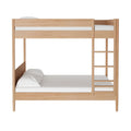 Natural oak twin-over-full wooden bunk bed with ladder, white mattresses and pillows and minimalist modern design