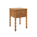 Light oak wooden bedside table (nightstand) with single drawer, turned spindle legs and rounded top edge
