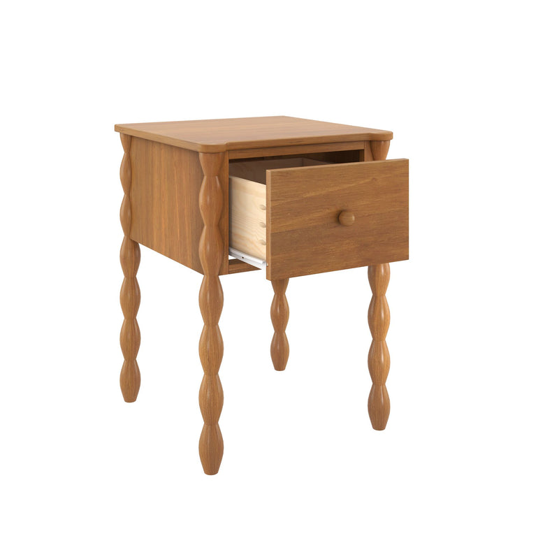 Oak-finish wooden nightstand with turned spindle legs and one open drawer, bedside table for bedroom storage