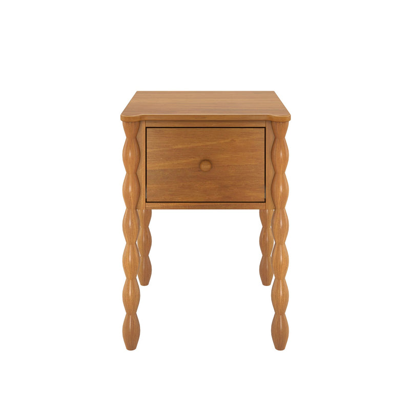 Oak-finish wooden nightstand with single drawer and turned spindle legs, compact bedside table for bedroom or living room storage