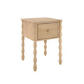 Light natural wood bedside table with single drawer and decorative turned spindle legs, cottage farmhouse nightstand