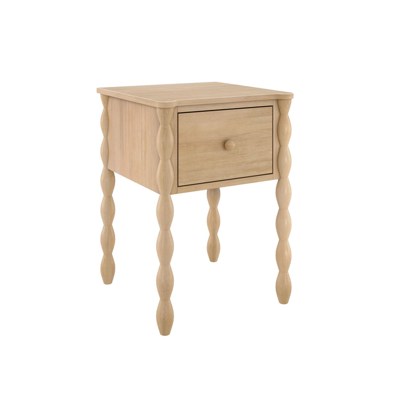 Light natural wood bedside table with single drawer and decorative turned spindle legs, cottage farmhouse nightstand