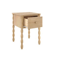 Light wood bedside table with single open drawer and turned spindle legs, rustic farmhouse nightstand for bedroom storage