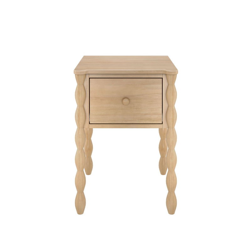 Light natural wood bedside table with single drawer and decorative turned spindle legs, farmhouse-style nightstand