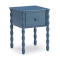 Blue wooden nightstand with single drawer and turned spindle legs, farmhouse-style bedside table accent