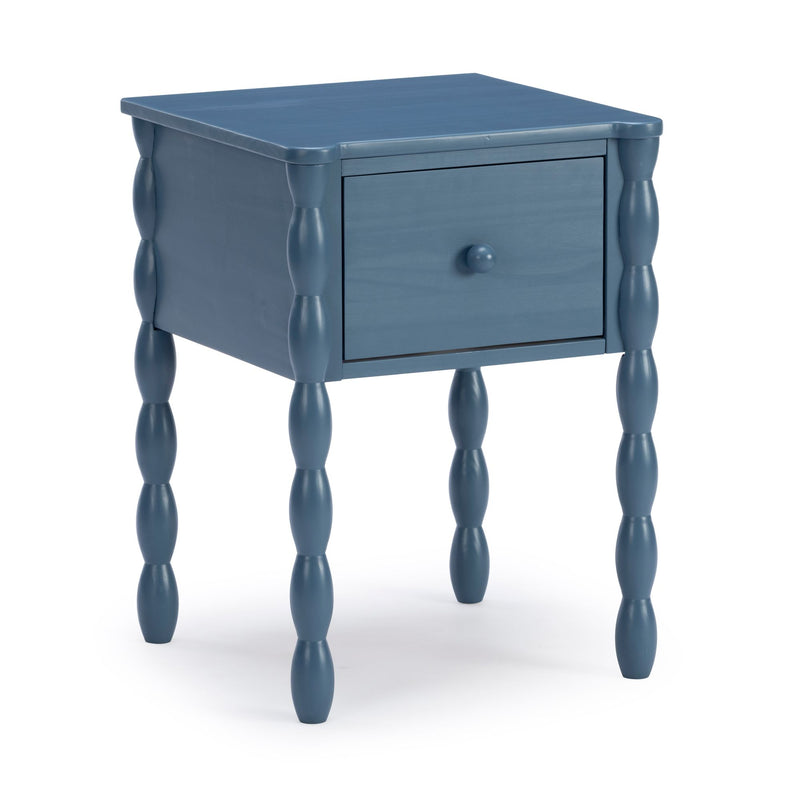 Blue wooden nightstand with single drawer and turned spindle legs, farmhouse-style bedside table accent
