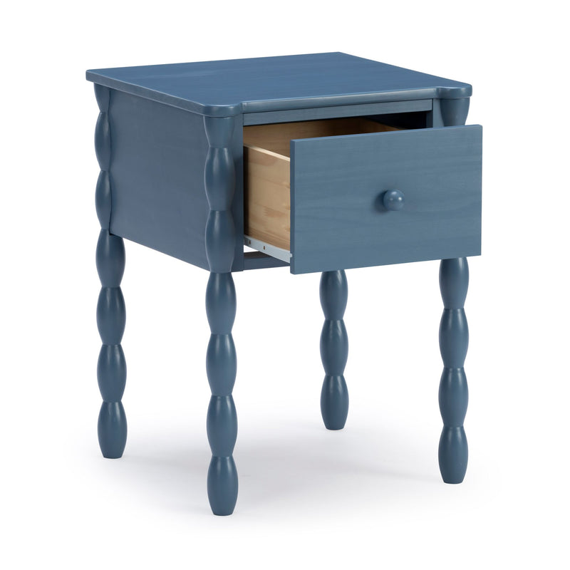 Blue painted wooden nightstand with one open drawer and turned spindle legs, farmhouse-style bedside table for bedroom storage
