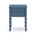Blue wooden nightstand with single drawer and turned spindle legs, painted bedside table accent for bedroom storage
