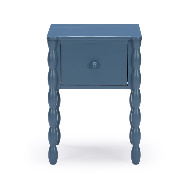 Blue wooden nightstand with single drawer and turned spindle legs, painted bedside table accent for bedroom storage