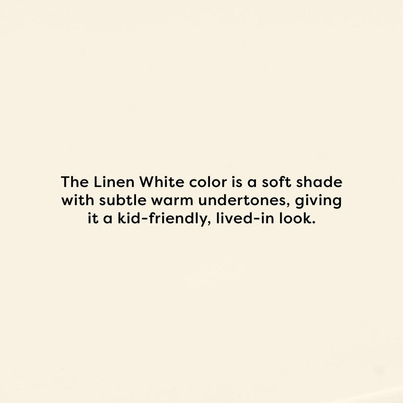 Linen White paint color sample with soft warm undertones, a neutral off-white ideal for kid-friendly, lived-in interior walls