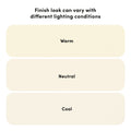 Interior paint finish under different lighting conditions — three rounded swatches labeled Warm, Neutral, and Cool illustrating how color temperature affects paint appearance