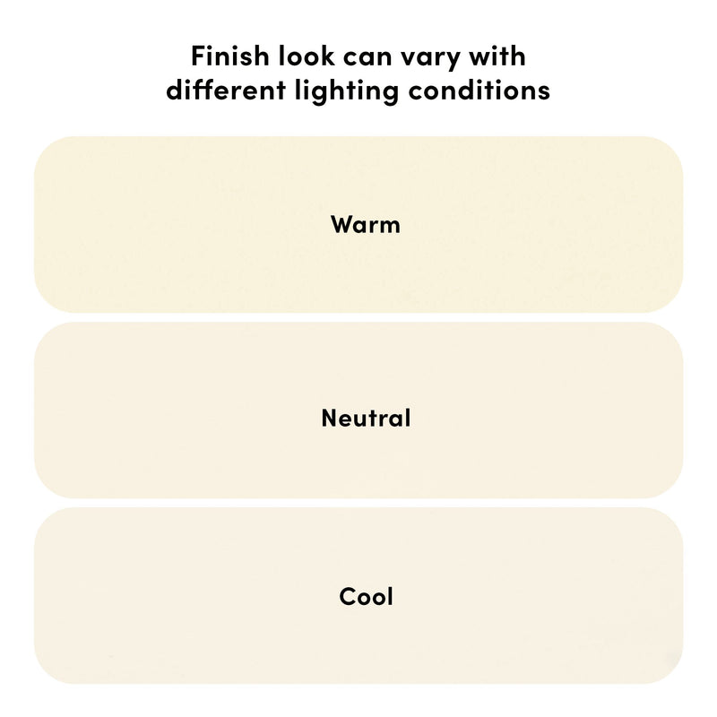Interior paint finish under different lighting conditions — three rounded swatches labeled Warm, Neutral, and Cool illustrating how color temperature affects paint appearance