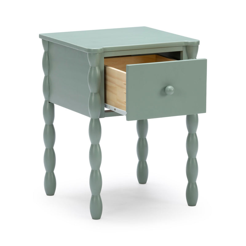Sage green wooden nightstand with turned spindle legs and one open drawer — small painted bedside table for bedroom storage, vintage-inspired mid-century modern nightstand
