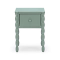 Mint green wooden bedside table with single drawer and turned spindle legs, vintage-inspired nightstand for bedroom decor