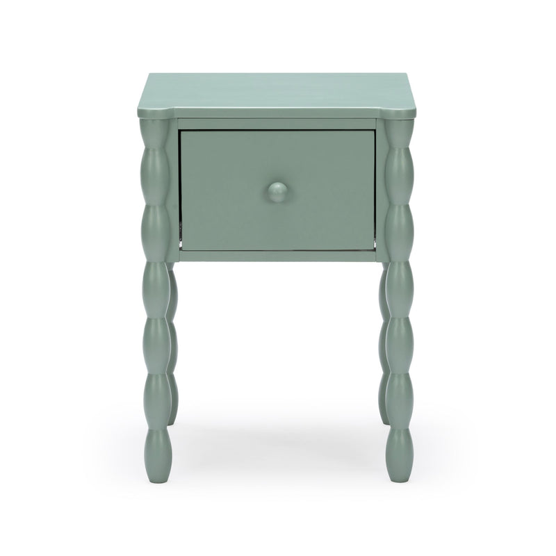 Mint green wooden bedside table with single drawer and turned spindle legs, vintage-inspired nightstand for bedroom decor