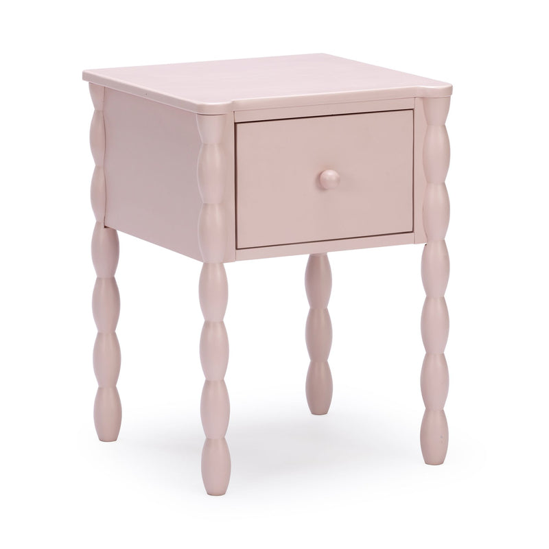Pink painted wooden nightstand with one drawer and turned spindle legs, vintage-inspired bedside table for bedroom or nursery