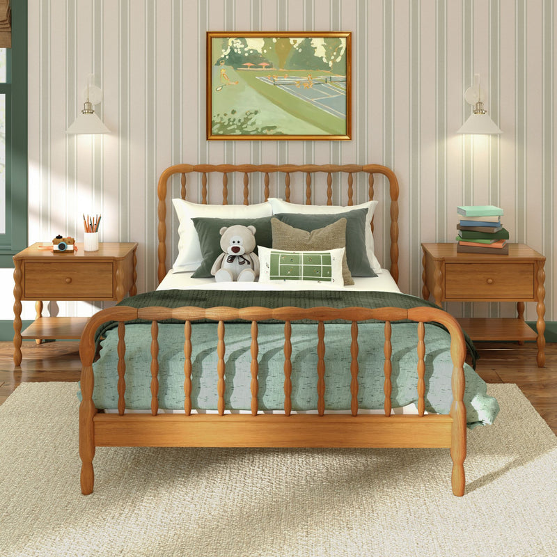 Cozy bedroom interior with wooden spindle bed and green bedding, teddy bear on pillows, matching wooden nightstands, wall lamps, framed art and striped wallpaper