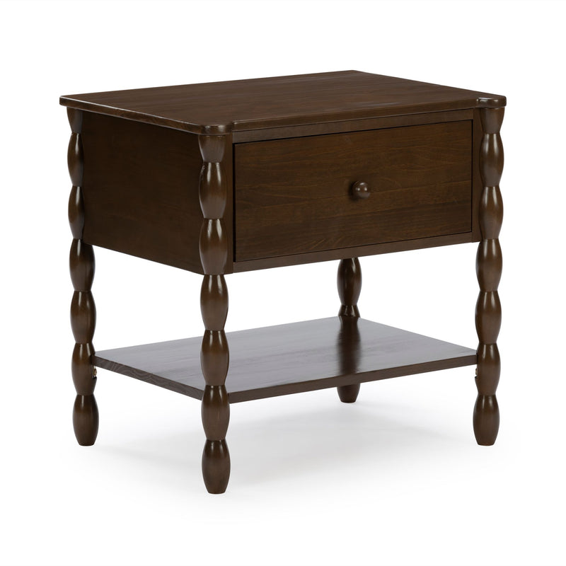 Dark brown wooden end table with turned spindle legs, single drawer and lower shelf, traditional farmhouse accent table for living room or bedroom