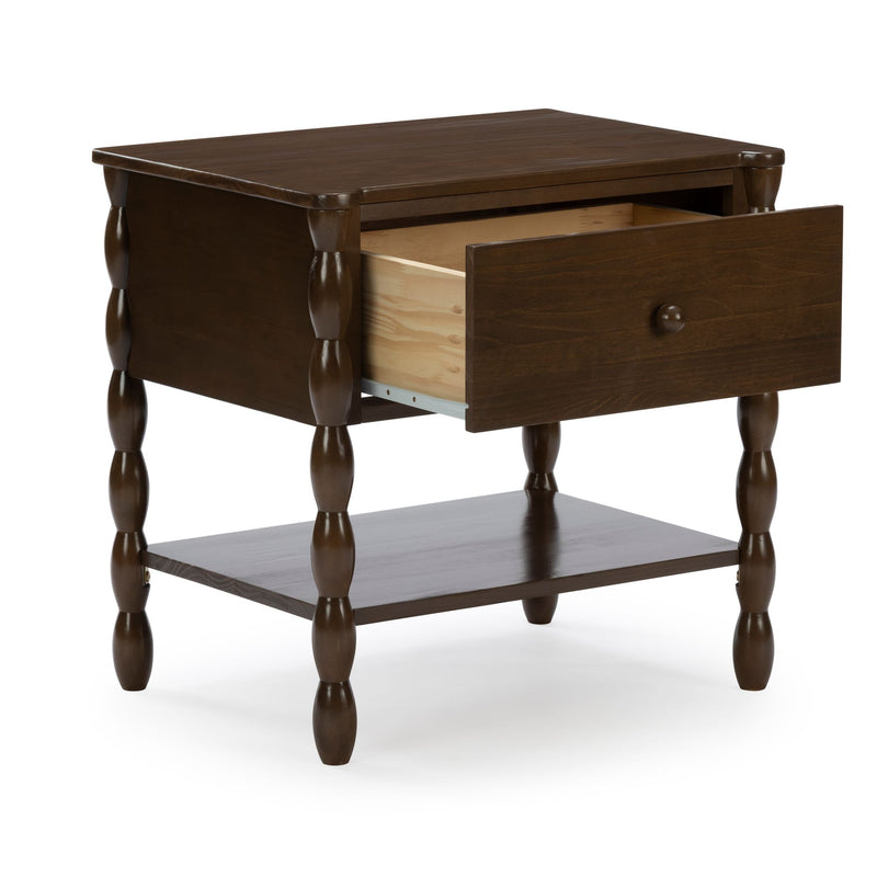 Dark brown wooden nightstand bedside table with turned spindle legs, open single drawer and lower shelf for bedroom storage