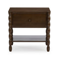 Dark brown wooden bedside table (nightstand) with single drawer, lower shelf and turned spindle legs — farmhouse-style end table